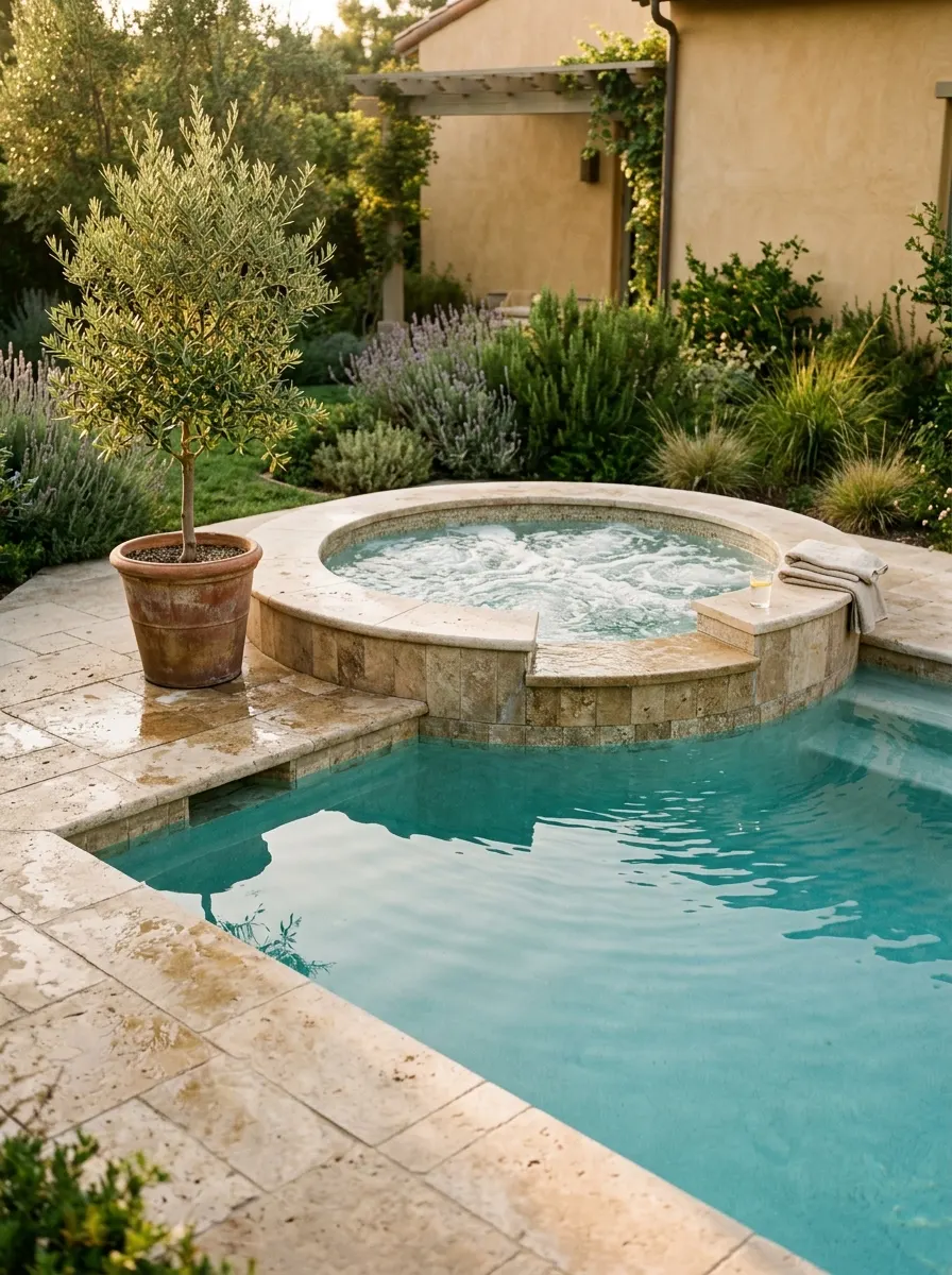 19 Brilliant Small Pool Design Ideas That Make Compact Backyards Feel Like a Private Luxury Resort 16 Small pool design with raised integrated spa at one end, bubbling jets, warm travertine coping, potted olive tree, and golden afternoon light