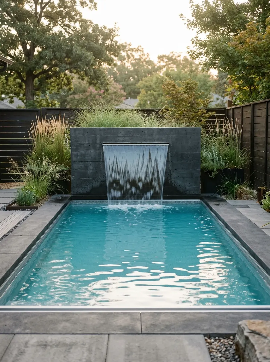 19 Brilliant Small Pool Design Ideas That Make Compact Backyards Feel Like a Private Luxury Resort 9 Small pool design featuring a raised concrete spillway wall with water curtain flowing into aqua pool, ornamental grasses, and morning light