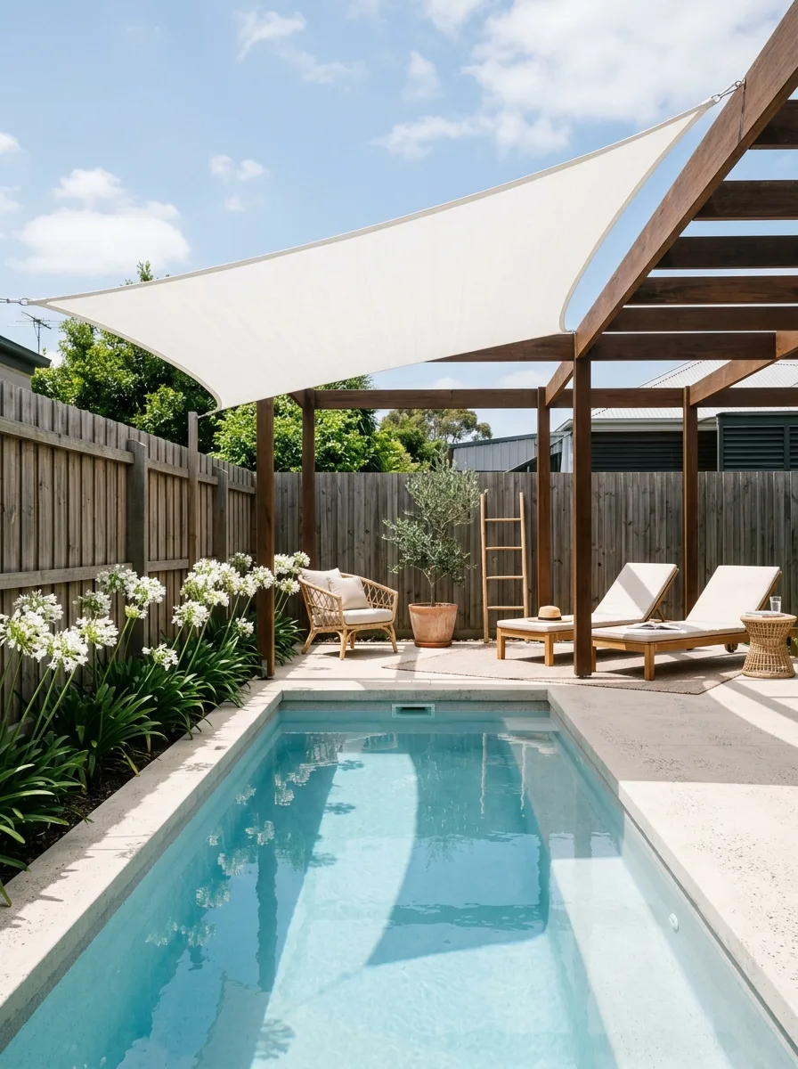 19 Brilliant Small Pool Design Ideas That Make Compact Backyards Feel Like a Private Luxury Resort 15 Small pool design with timber pergola and white shade sail over lounging deck, pale concrete, agapanthus planting, and filtered summer light