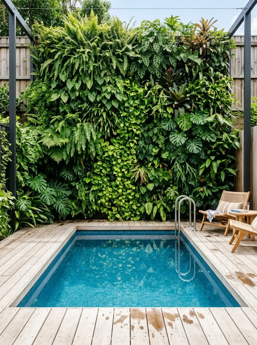 19 Brilliant Small Pool Design Ideas That Make Compact Backyards Feel Like a Private Luxury Resort 8 Small pool design with lush vertical garden privacy wall of ferns and trailing pothos, pale timber decking, and clear blue water