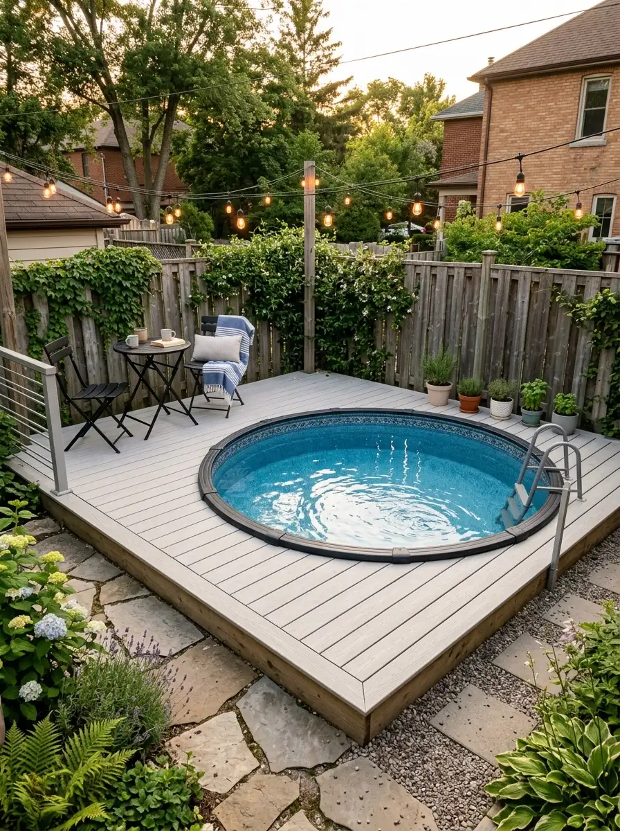 21 Amazing Above Ground Pool Deck Ideas That Go Beyond the Basic Deck With Style, Comfort, and Function 10 Compact pale gray composite above ground pool deck with bistro table, Edison bulb lights, and herb pots in a small sunny backyard
