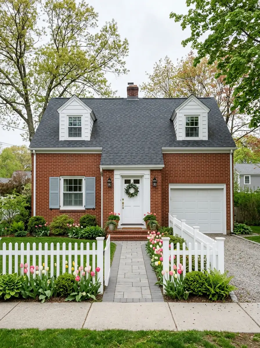 Red brick cape cod exterior with soft blue-gray shutters, white trim and garage door, and white front door for a classic gentle curb appeal