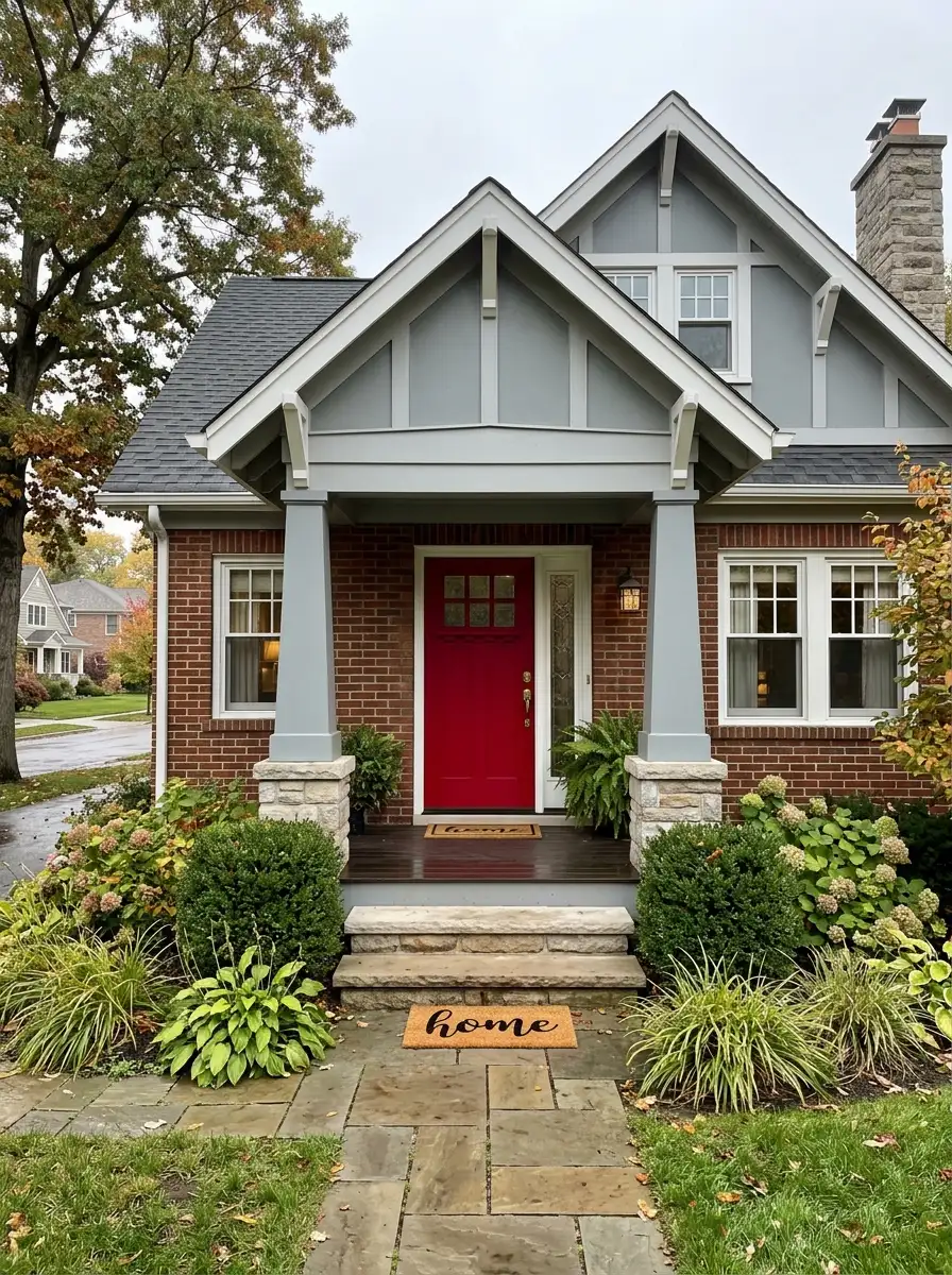 Red brick craftsman house with soft gray siding, bold cherry red front door, white trim details, and stone steps for striking curb appeal