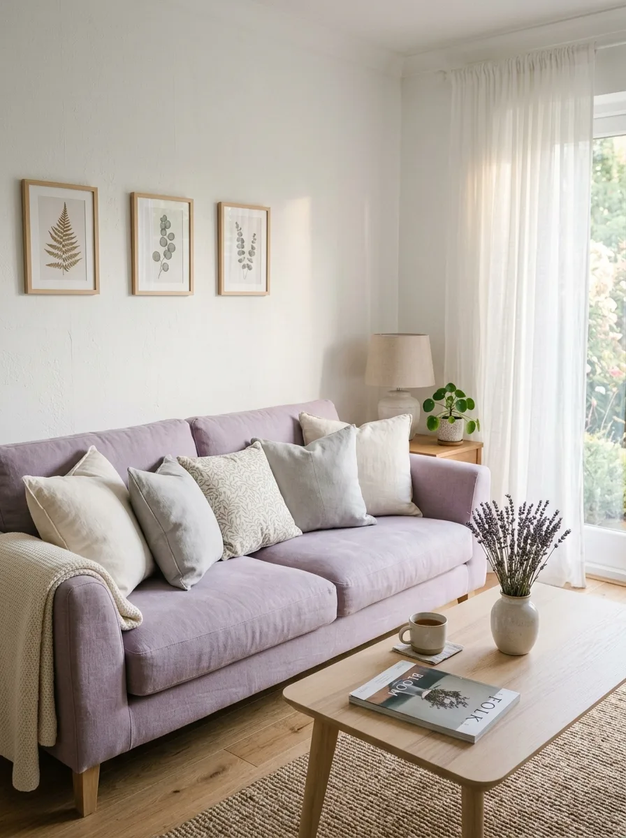 Soft lavender sofa with ivory cushions and dried lavender illustrating living room color psychology through gentle, dreamy and feminine interior styling