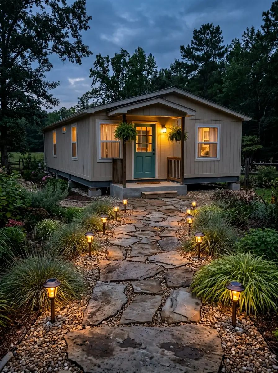 Bronze solar path lights lining a stone stepping-stone walkway to a mobile home front door at dusk with warm amber glow
