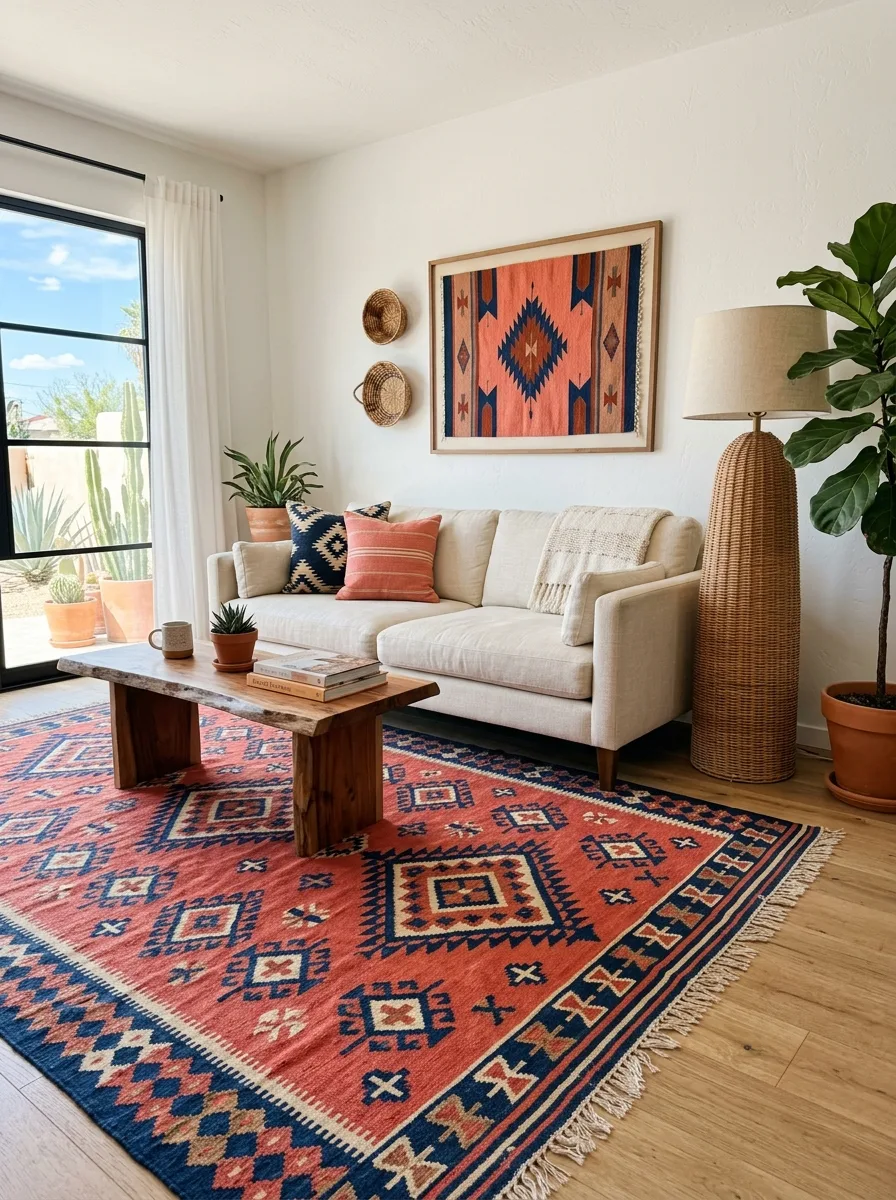 Bright western living room with bold southwestern kilim rug in coral and navy, cream linen sofa, woven basket lamp, natural light and white walls