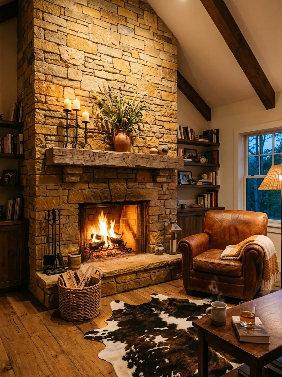 Ranch style living room with stacked stone fireplace, reclaimed wood mantel, leather armchair, and cowhide rug on oak floors