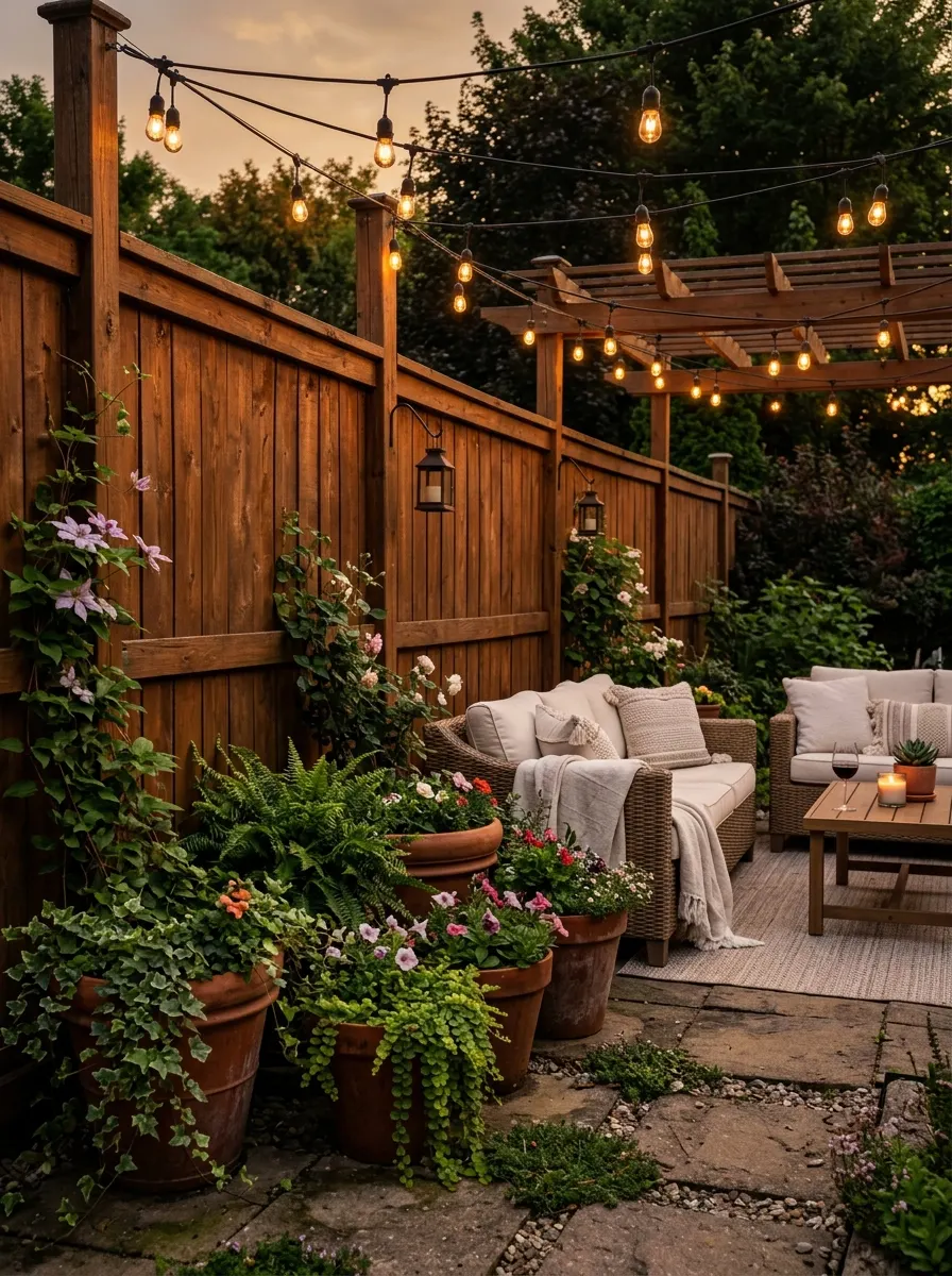 19 Smart Fence Wood Choice Ideas Comparing Cedar, Redwood, Pine, and Ipe for Beauty, Durability, and Long-Term Value 6 Richly stained chestnut-brown pine fence along a cozy backyard patio with string lights, terracotta planters, and outdoor seating