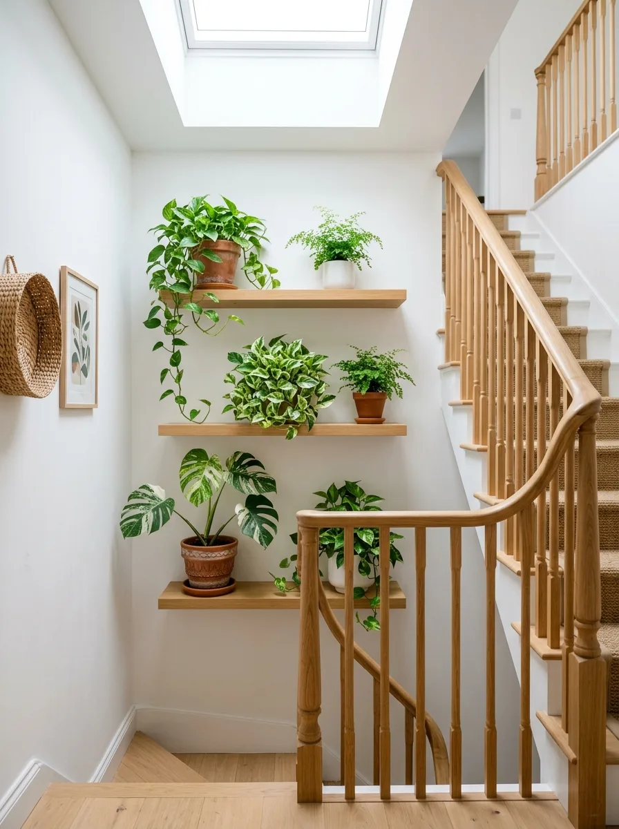 The 20 Houseplant Corners We Keep Coming Back to for Real Inspiration 17 Bright staircase landing houseplant corner with staggered floating shelves, trailing pothos, ferns, and variegated monstera in mixed planters