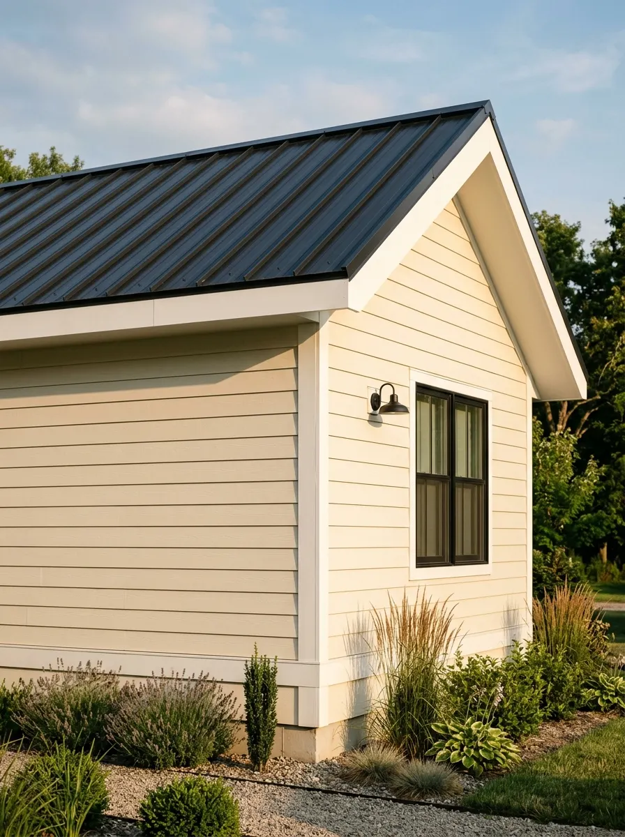 Mobile home exterior with dark charcoal standing seam steel roof, wide white painted fascia, and soffit at eave overhang for an architectural modern farmhouse upgrade
