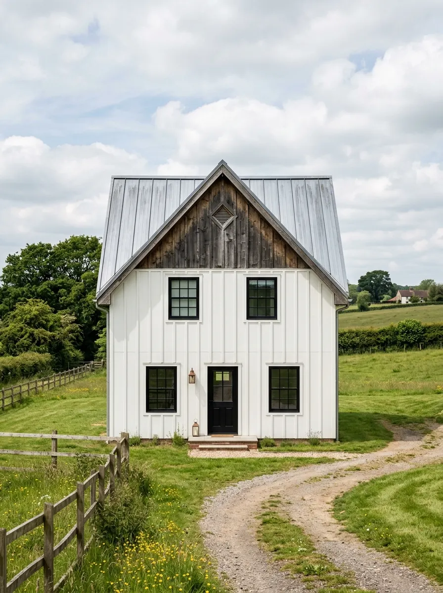 19 Stunning Small Barndominium Exterior Ideas That Prove Simple Barn House Designs Can Make a Big Impact 3 Small barndominium exterior with steep standing seam steel roof, exposed cedar gable ends, white vertical siding, and black window frames