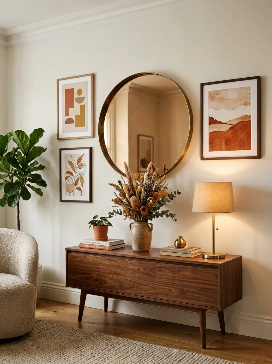 Large round brass mirror surrounded by framed art prints styled as layered living room wall decor above a walnut console