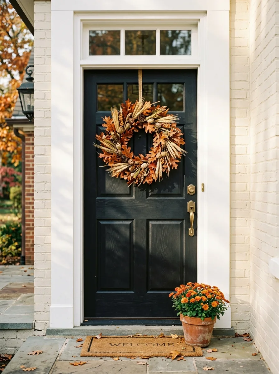 Matte black front door with a bold dried-oak wreath as the centerpiece of fall porch decorating ideas