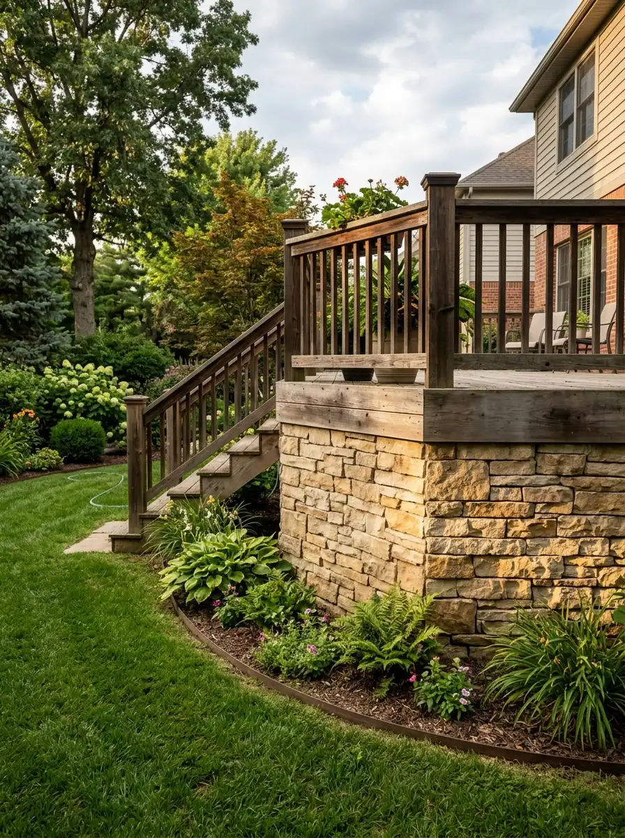 Stacked stone veneer used as a warm beige deck base covering beneath a traditional wood deck in a classic suburban yard