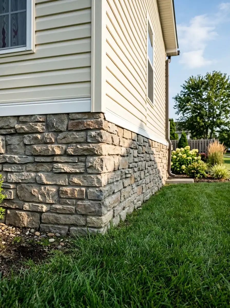 Mobile home exterior foundation with stacked stone veneer skirting in gray and tan tones, green grass edging, and cream siding above for a permanent residential look