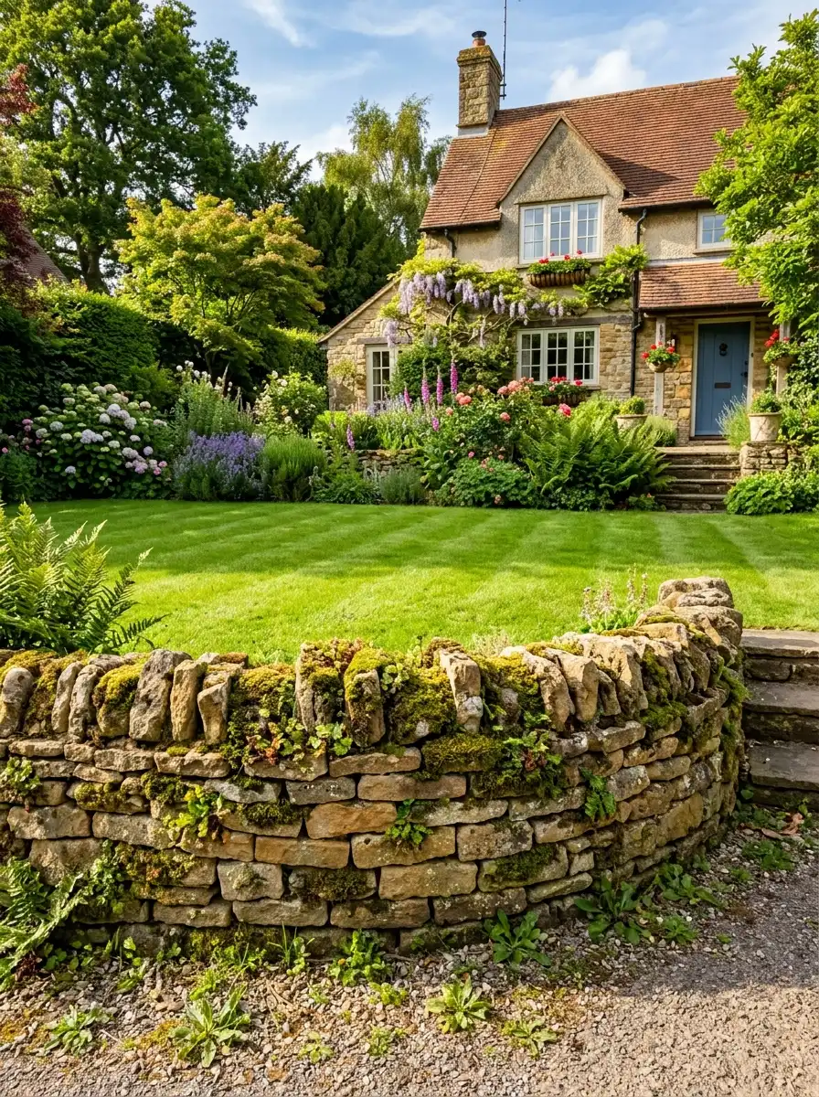 Low dry-stacked stone wall in front yard with height proportional to lawn terrace behind it in golden ratio landscape layout
