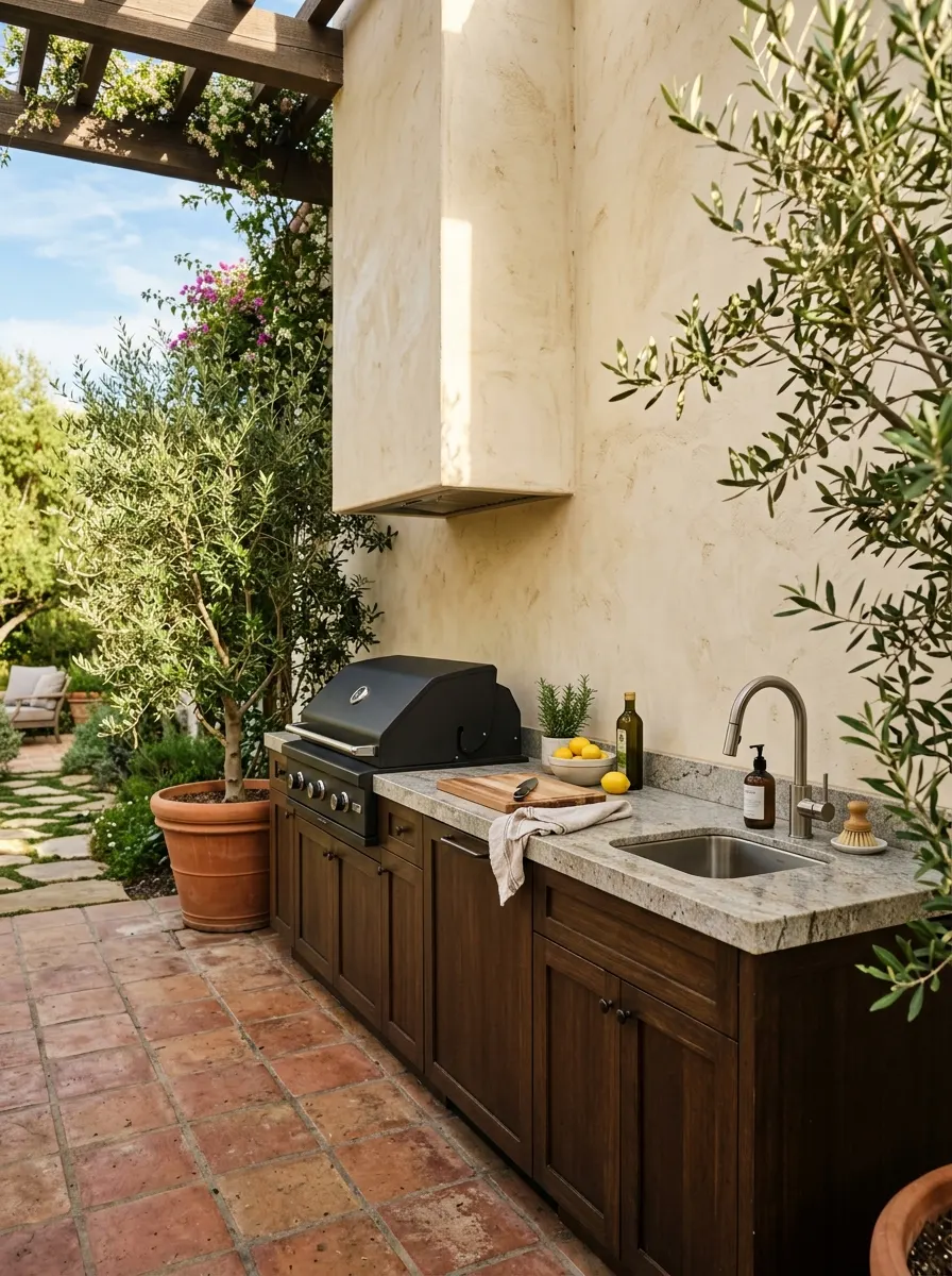 Single-wall outdoor kitchen layout with black grill, prep counter, and sink on terracotta tile patio in warm afternoon light