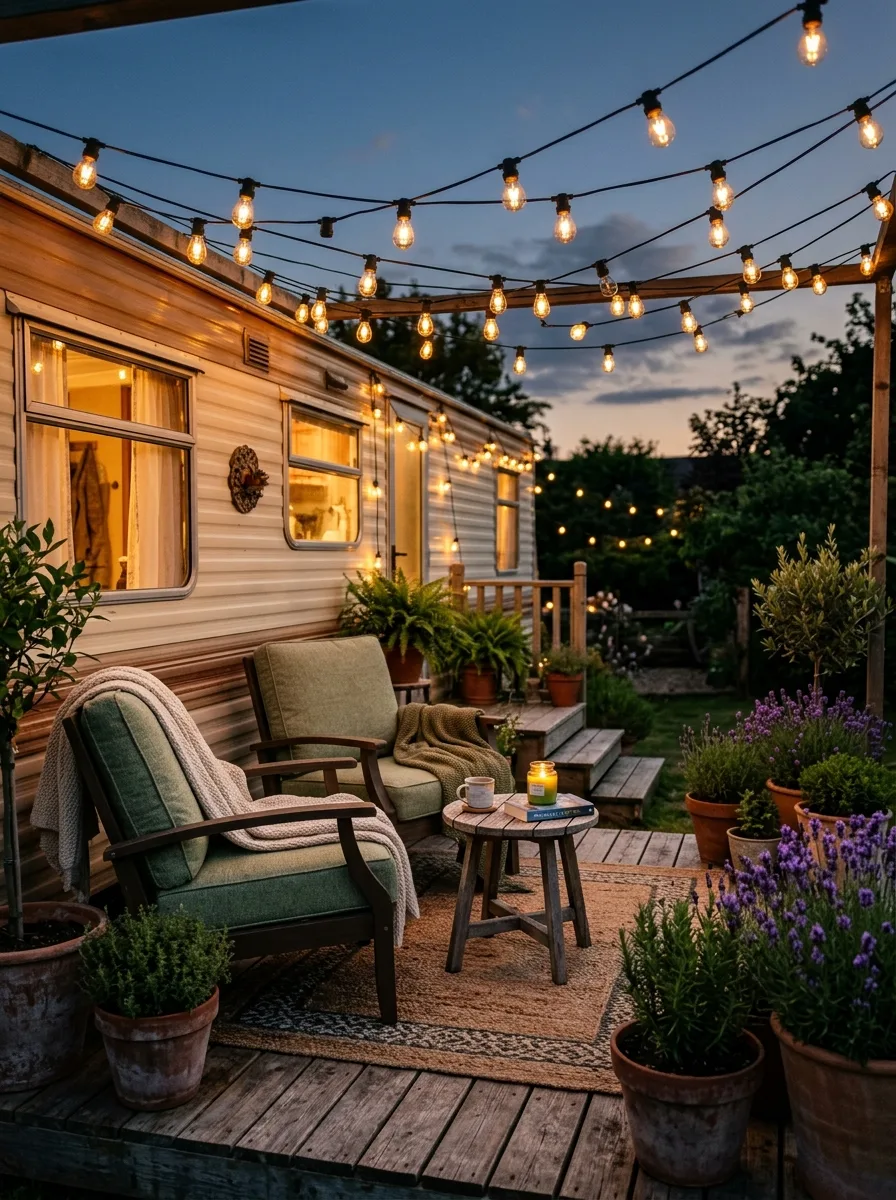 String lights hanging above cushioned outdoor chairs on a mobile home patio at dusk with soft golden glow