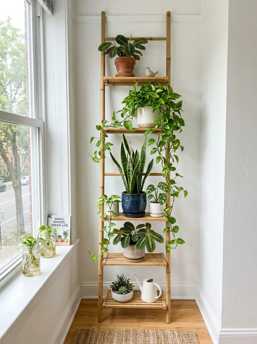 The 20 Houseplant Corners We Keep Coming Back to for Real Inspiration 19 Space-efficient studio apartment houseplant corner with tall bamboo ladder shelf, trailing pothos, snake plant, and prayer plant in mixed ceramic pots