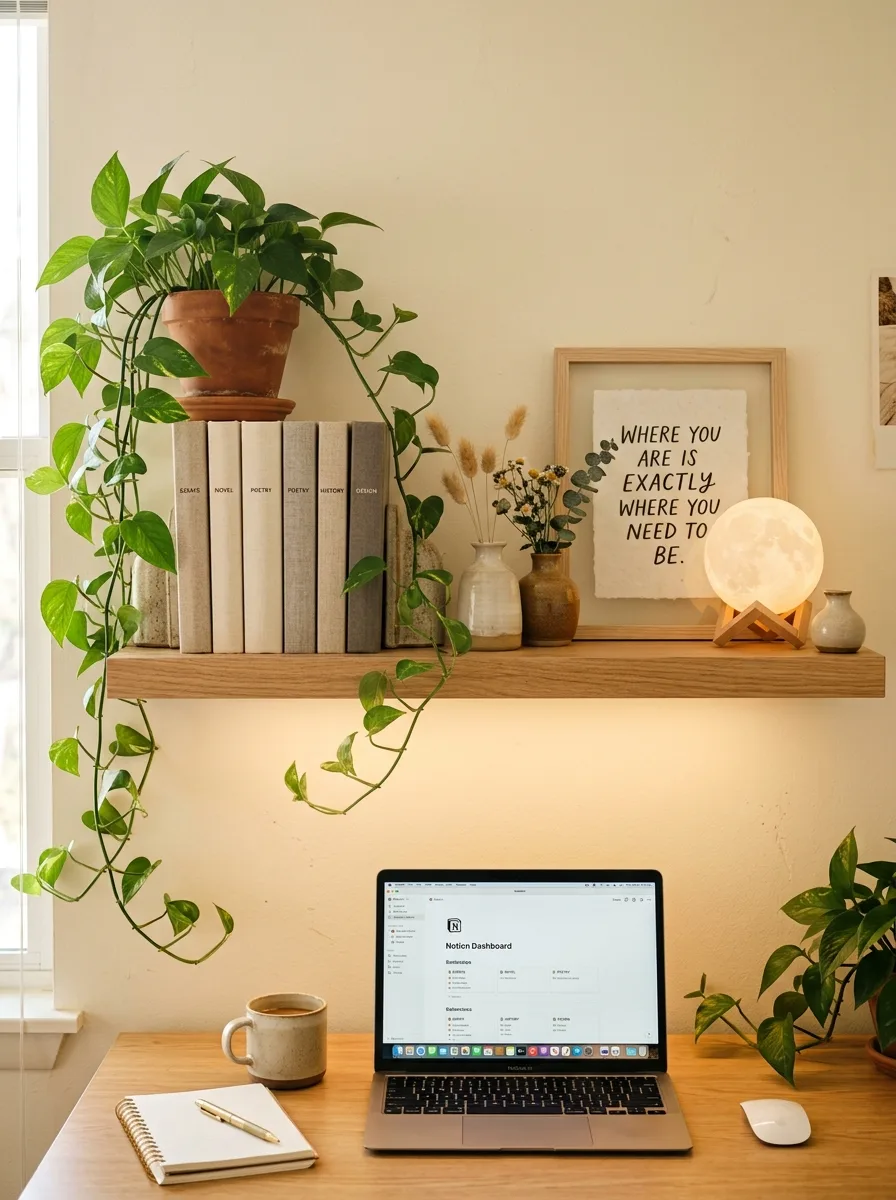 17 Small Dorm Desk Setups That Actually Feel Like a Real Dream Room 17 A floating shelf above a dorm desk styled with linen-covered books, ceramic vases, a trailing plant, and a small moon lamp