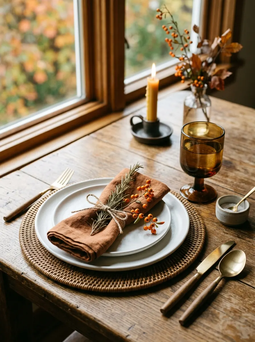 The 16 Small Decisions That Make Fall Table Décor Actually Worth Noticing 7 Rust linen napkin tied with dried rosemary and berry stem on a woven rattan charger for fall table decorating