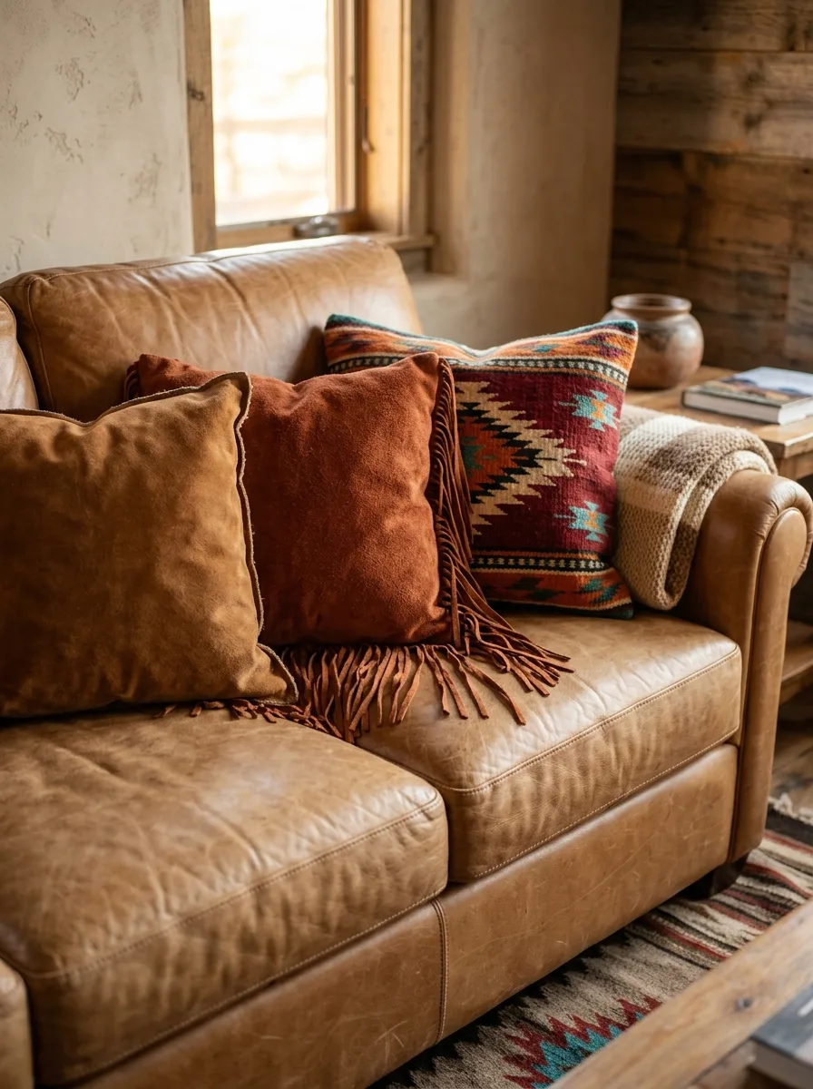 Western living room ideas close up of tan leather sofa with caramel and rust suede fringe pillows and southwestern woven pillow in warm afternoon light