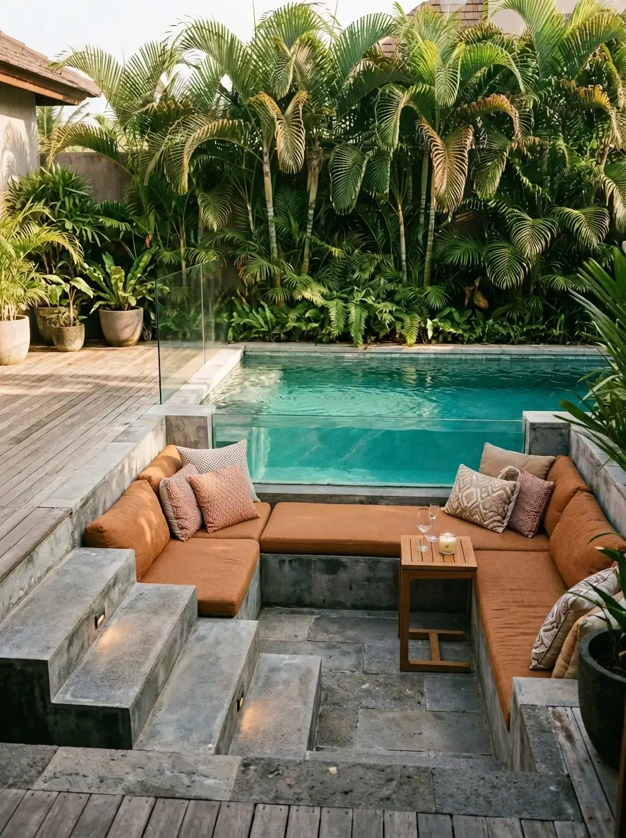 19 Brilliant Small Pool Design Ideas That Make Compact Backyards Feel Like a Private Luxury Resort 10 Sunken lounge seating area with concrete bench and terracotta cushions beside a small pool design, with screening palms and afternoon light