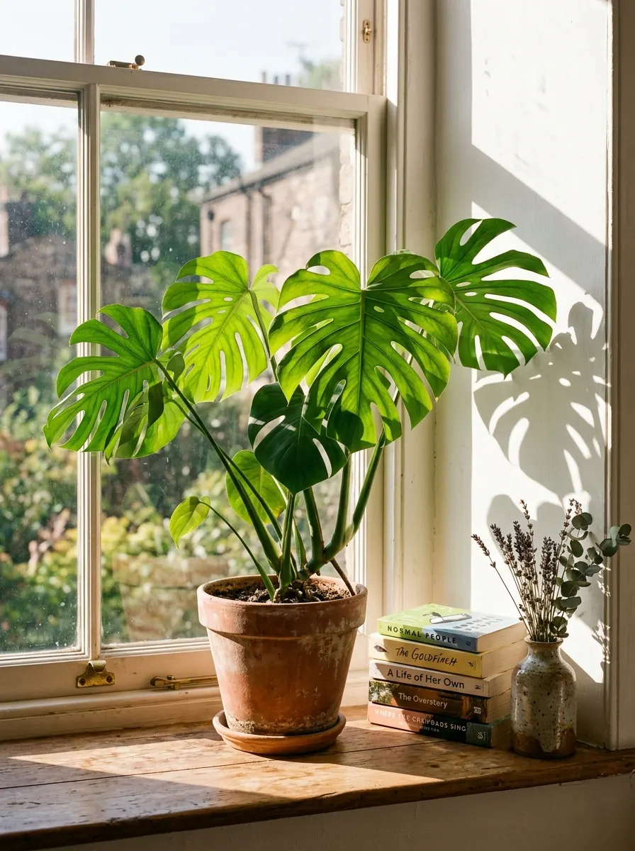 The 20 Houseplant Corners We Keep Coming Back to for Real Inspiration 3 Sunlit windowsill houseplant corner with backlit monstera in terracotta pot, afternoon light, and stacked books on white wall