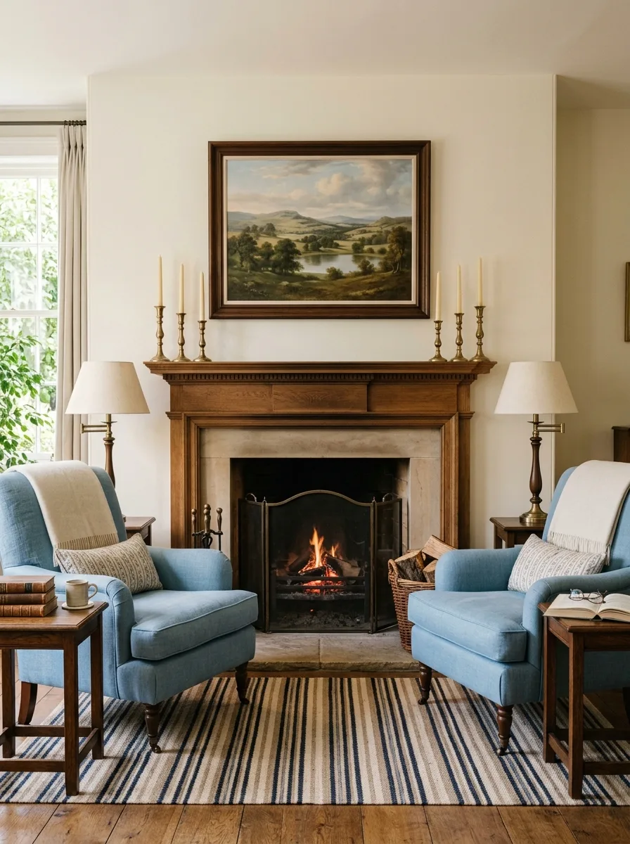 Pale blue linen armchairs flanking a fireplace with matching lamps and landscape art in a cinematic home aesthetic living room