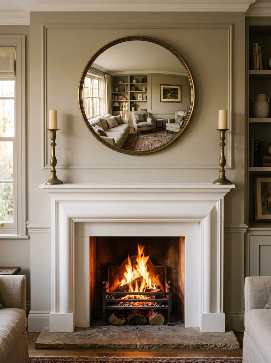 20 Fireplace Design Ideas Built Around the Three Pillars of Color, Space, and Flame 8 Symmetrical fireplace decor with brass candlesticks, round mirror above white plaster mantel, and warm flames in a traditional living room