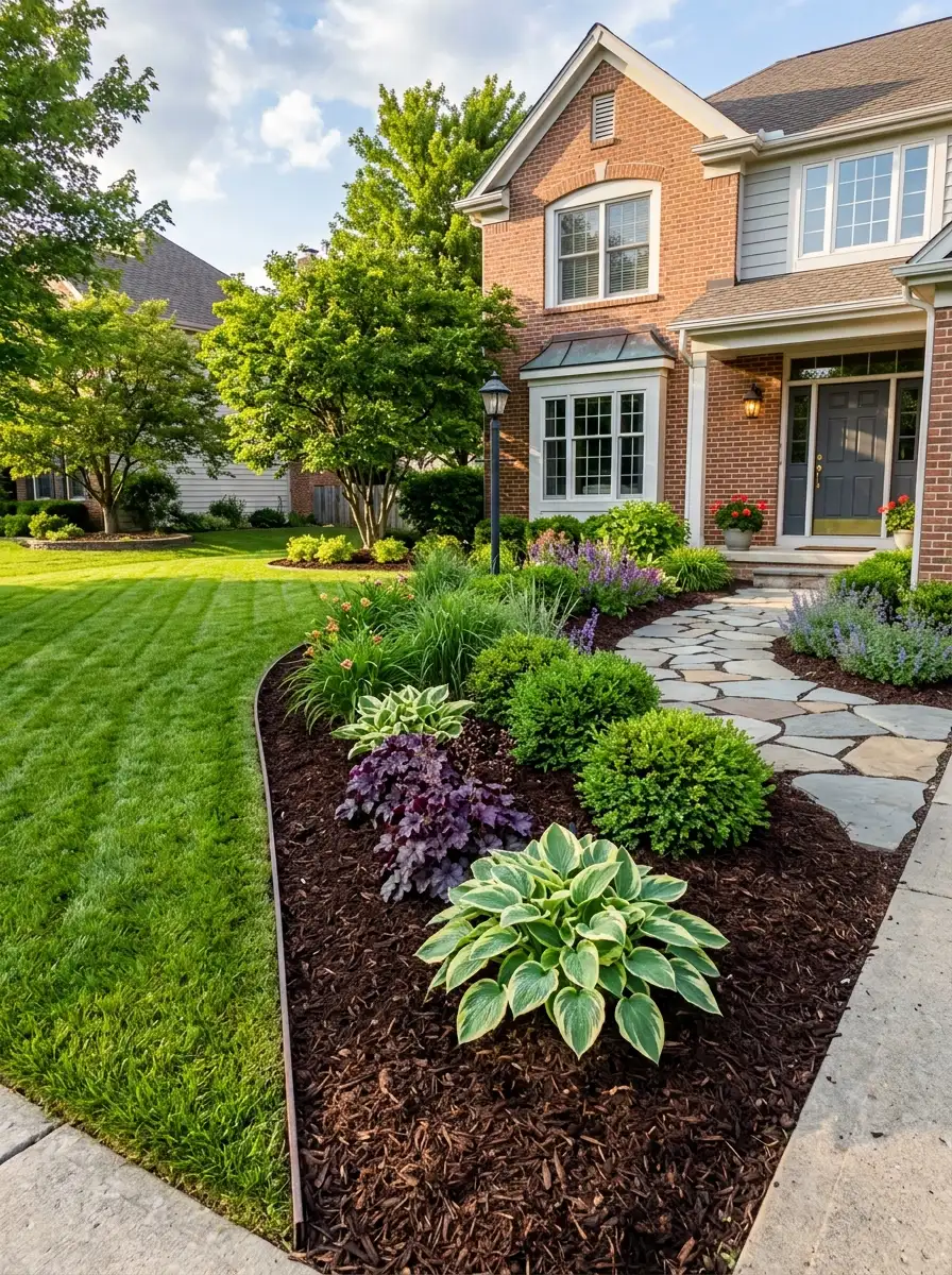 Front yard garden bed with dark mulch and slightly asymmetric border design creating golden ratio landscape layout balance