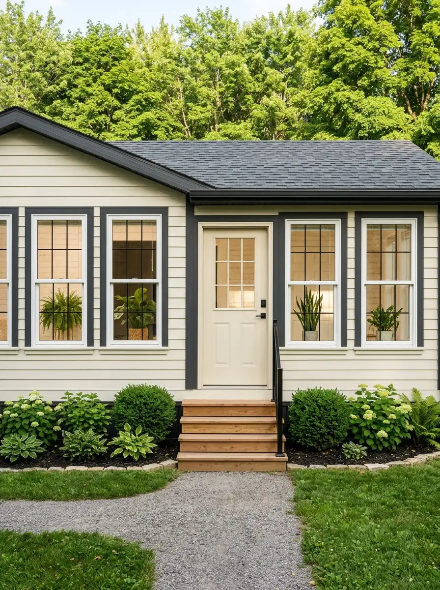 Mobile home exterior with taller narrow double-hung windows, white frames, black grilles, and deep sills for an architectural residential upgrade