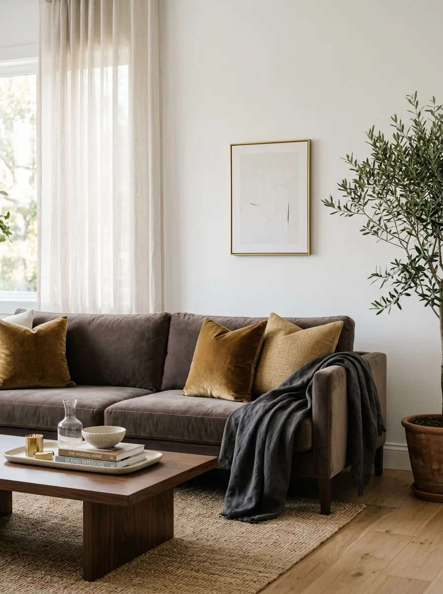 Deep taupe velvet sofa with brass pillows reflecting color psychology for living rooms with a sophisticated, neutral aesthetic
