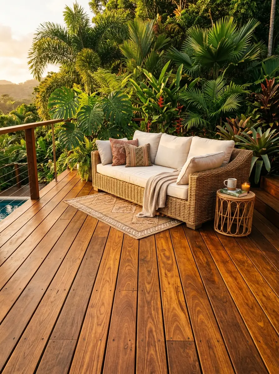 Ipe hardwood deck with teak oil finish glowing in copper and honey tones for refined wood deck stain ideas