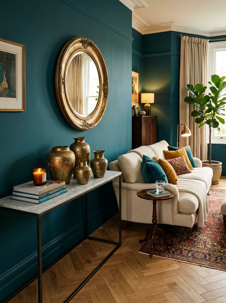 Deep teal walls with cream sofa and aged gold mirror in a bold luxury living room colors palette
