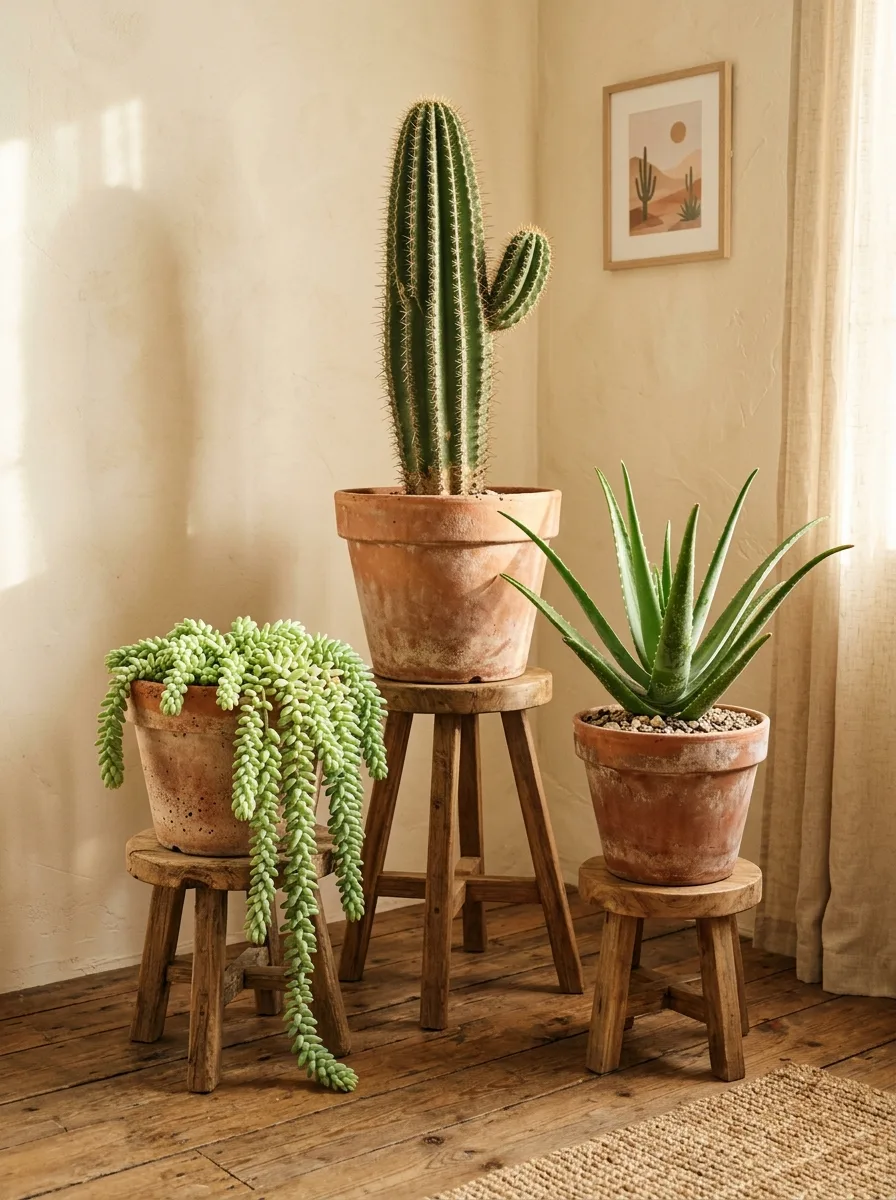 Southwestern living room style corner with terracotta pots at varying heights holding saguaro cactus, aloe, and trailing succulent on wood plant stands