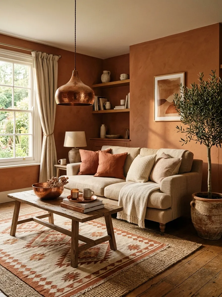 Warm terracotta walls with sand sofa and copper accents showing an earthy luxury living room color palette with rich natural tones