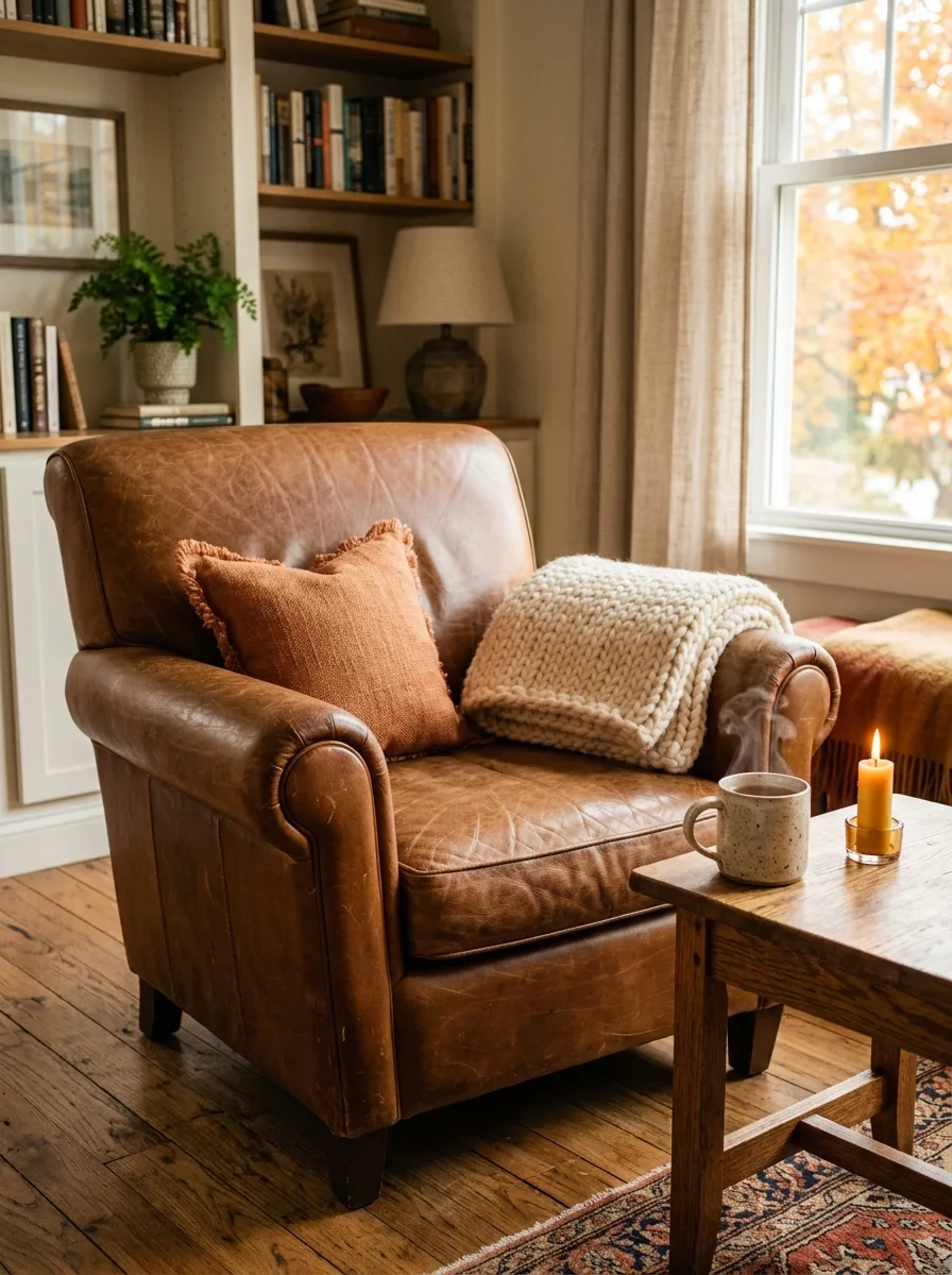 Caramel leather armchair with chunky knit throw and rust linen pillow layered for cozy fall living room textile styling