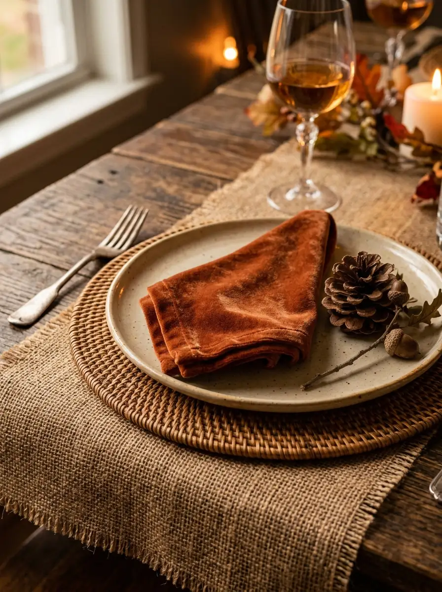 The 16 Small Decisions That Make Fall Table Décor Actually Worth Noticing 4 Layered textures in fall table decorating featuring burlap, rattan charger, velvet napkin, and ceramic plate at one place setting