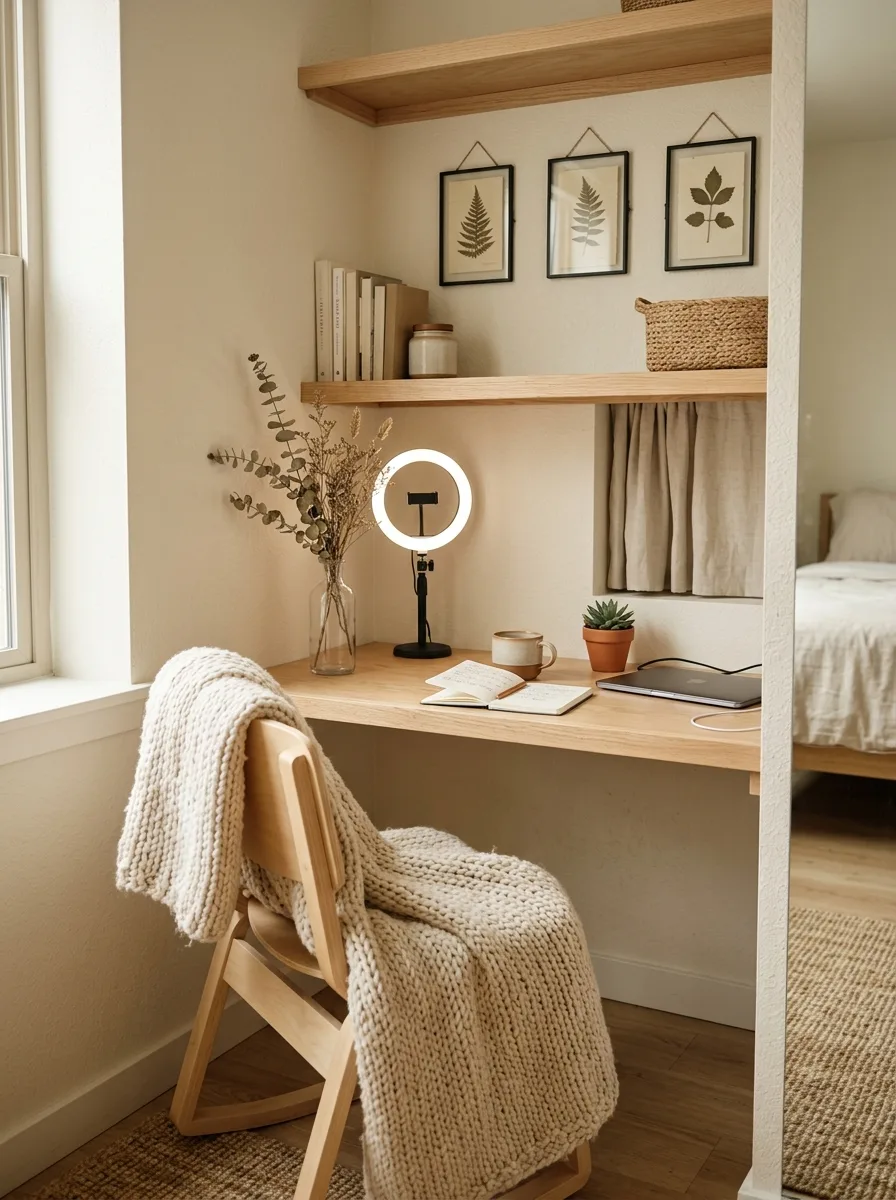 17 Small Dorm Desk Setups That Actually Feel Like a Real Dream Room 5 A built-in dorm desk nook softened with a cream knit throw, dried branch in a glass vase, and pressed botanical prints