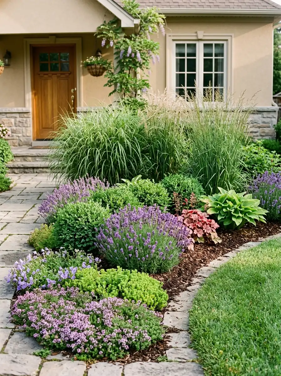 Tiered front yard garden bed with low ground cover, mid-height shrubs, and tall ornamental grasses in golden ratio proportions