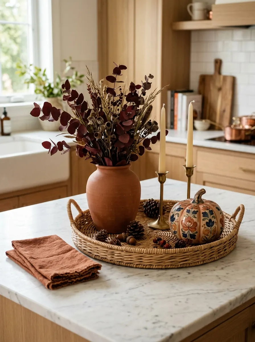 Why Fall Décor Hits Different: 17 Principles You Never Knew You Needed 5 Marble kitchen island with wicker tray styled for fall home decorating featuring eucalyptus, pumpkin, and brass candlesticks