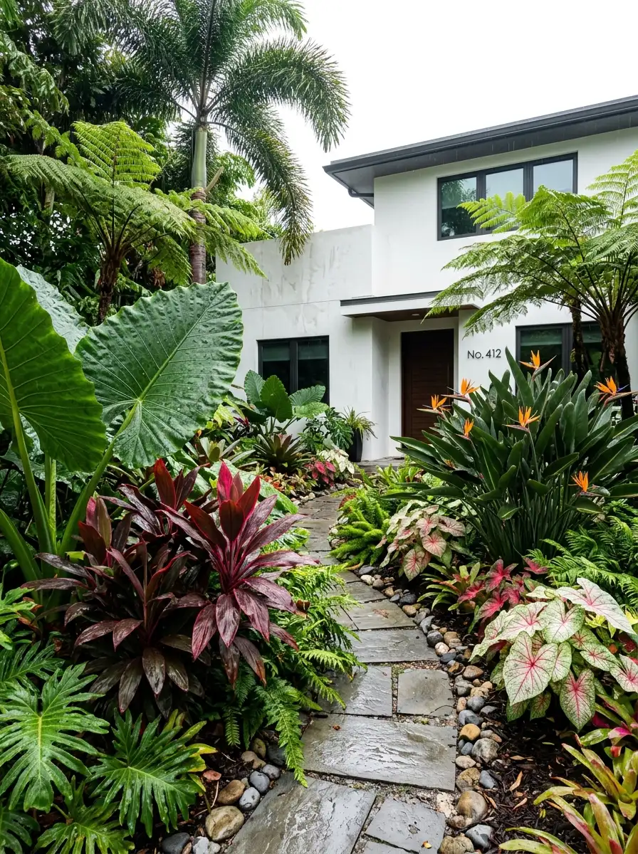Bold elephant ears, bird of paradise, and cordyline creating a dramatic tropical front yard without grass