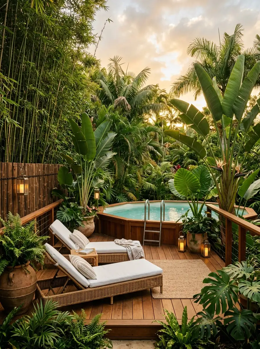 21 Amazing Above Ground Pool Deck Ideas That Go Beyond the Basic Deck With Style, Comfort, and Function 9 Teak above ground pool deck with tropical bird of paradise plants, rattan loungers, bamboo privacy screen, and glowing outdoor lanterns