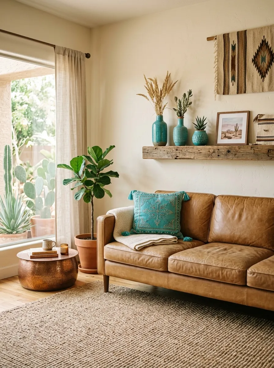 Southwestern living room style with turquoise ceramic vases on reclaimed wood shelf, tan leather sofa, turquoise pillow, and jute rug in natural light