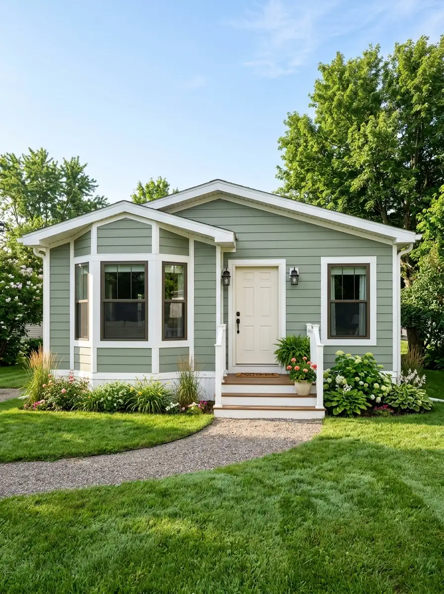 Mobile home exterior with sage green body siding and white trim on fascia and corner boards for a two-tone residential paint upgrade
