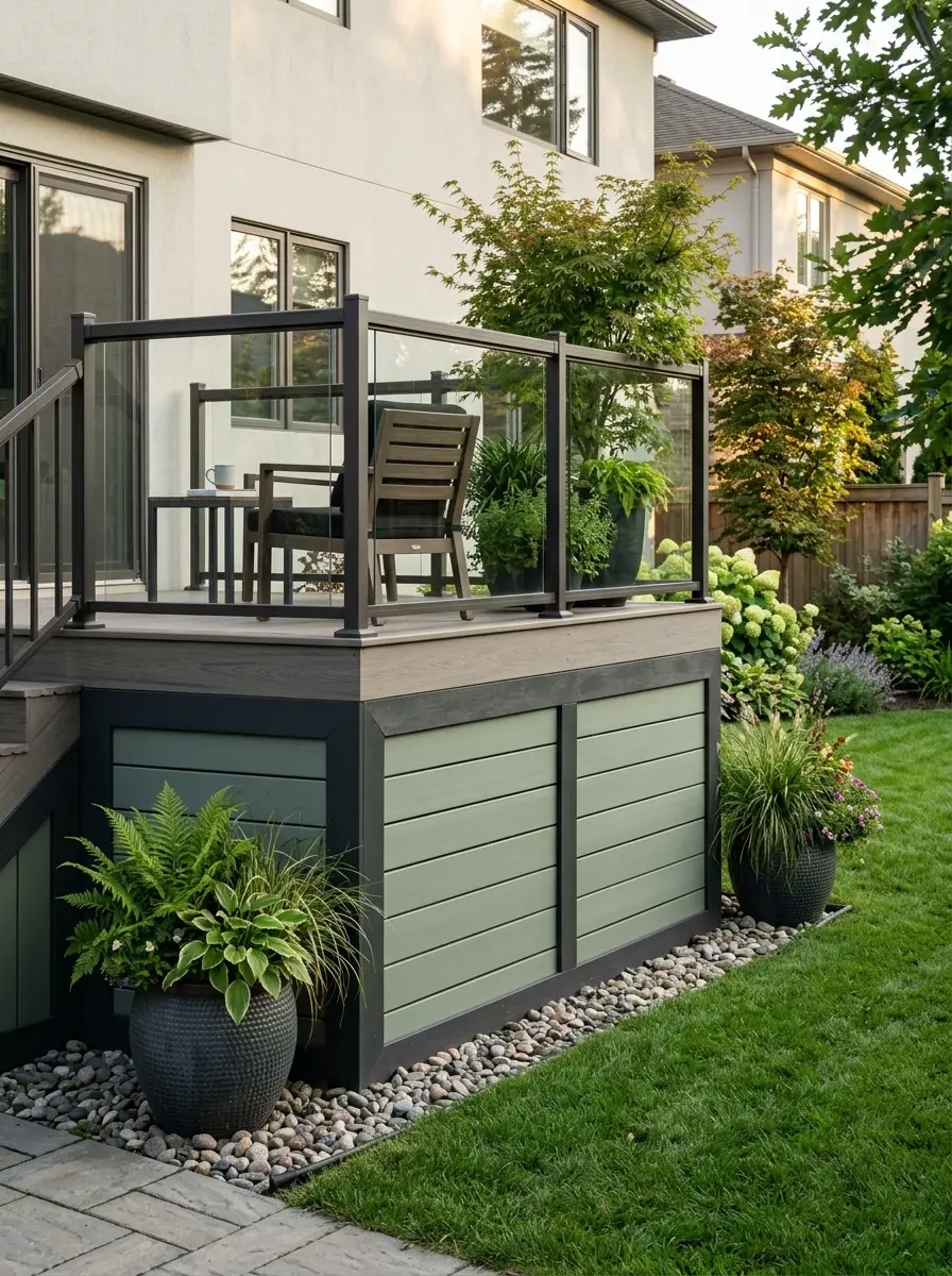 Two-tone deck skirting with sage green infill and dark charcoal frame in a clean modern suburban backyard with potted plants