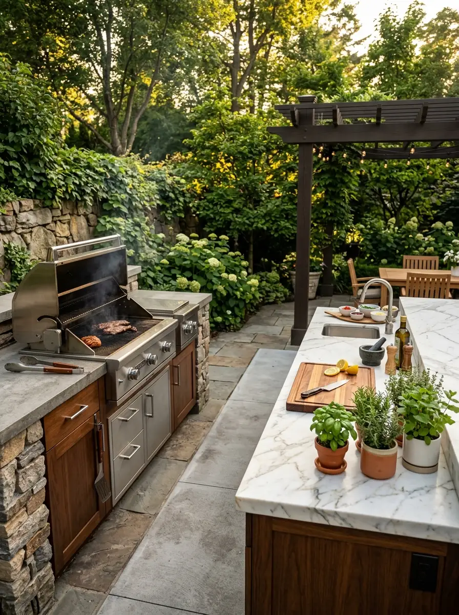 Two-zone outdoor kitchen with grill station on left and marble prep counter on right, fresh herbs in pots, polished concrete connector, warm afternoon light