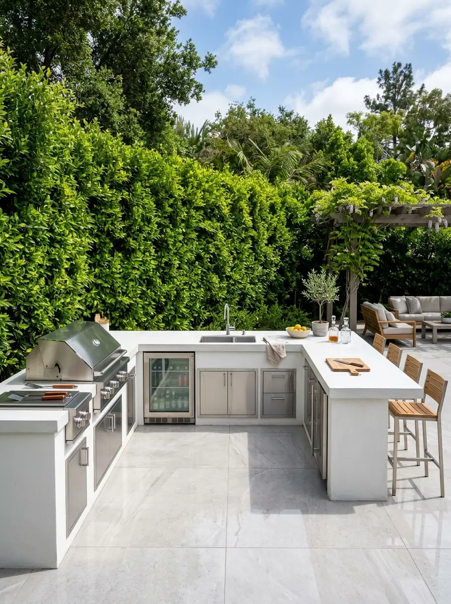 U-shaped outdoor kitchen with white concrete countertops, built-in appliances, open center, porcelain tile, lush hedge background