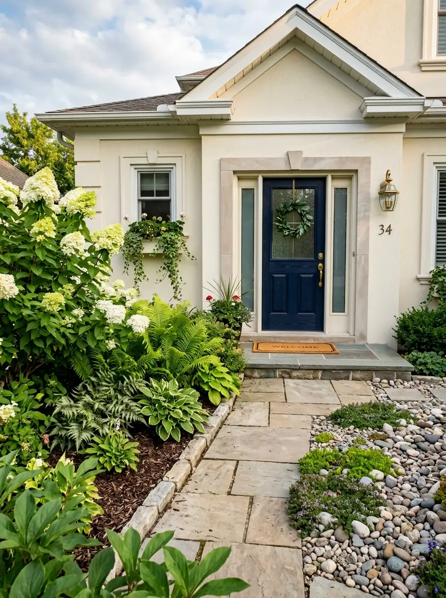 Front door framed by unequal planting zones with tall hydrangeas on one side and low ground cover on the other